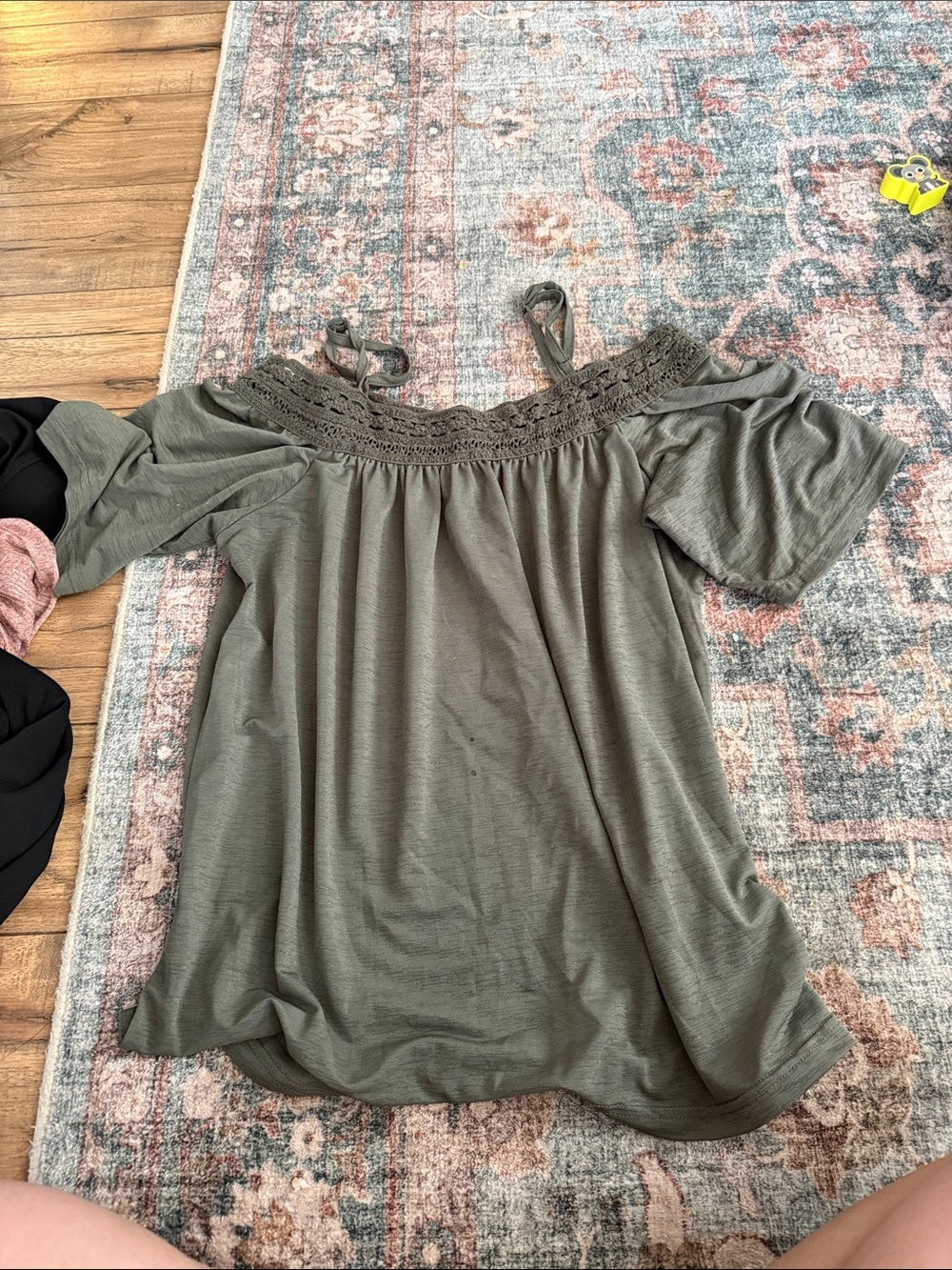 Crochet-Trim Off-Shoulder Tunic Top - Olive
